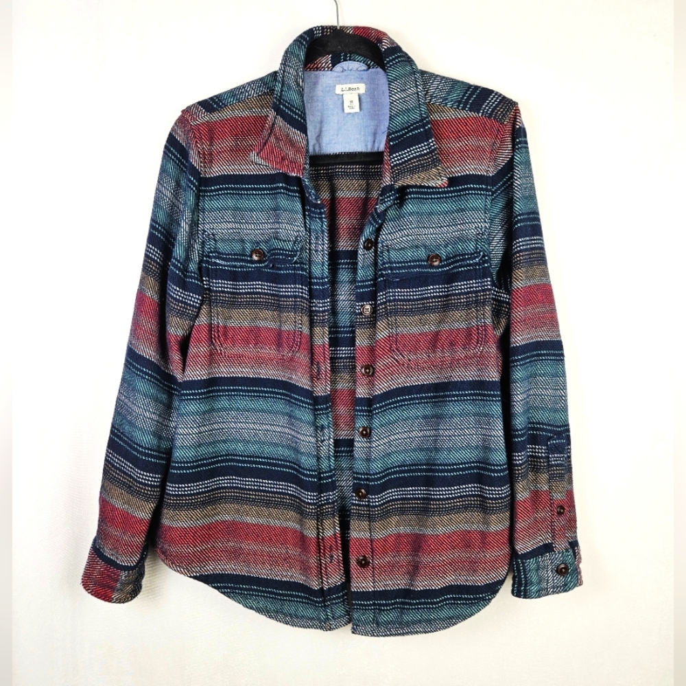LL Bean Cotton Weave Multi Color Shacket Button Up Leather Patch Size MP